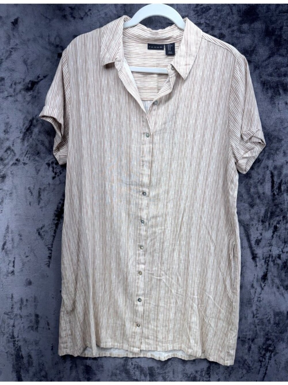 Tahari Women's XL Tan White Striped Linen Blend Button Front Shirt Dress